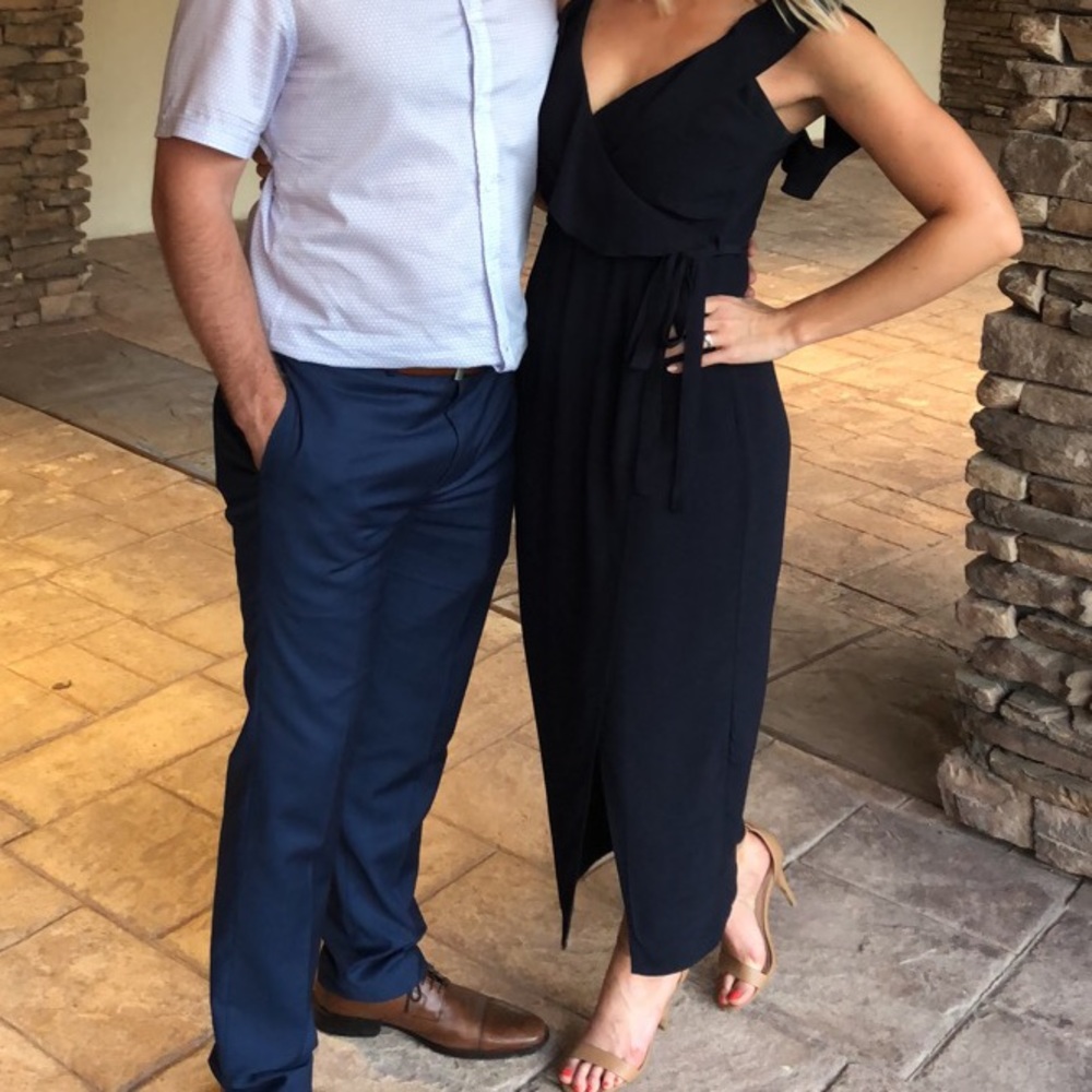 Cold shoulder navy blue wrap dress